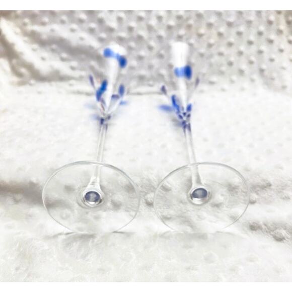 Crystal Hand-Blown Champagne Flutes w/Cobalt Blue Confetti Spots - Picture 4 of 6